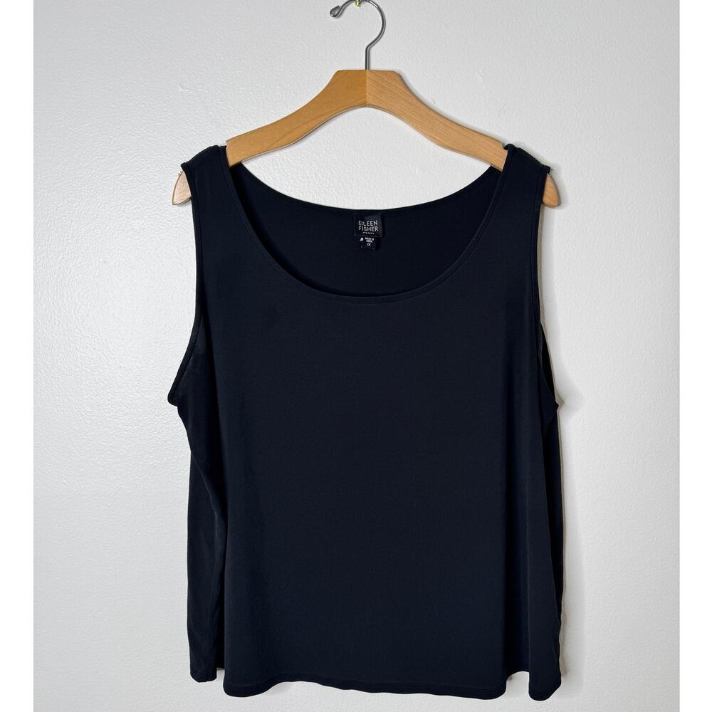 Eileen Fisher Plus 1X Black Georgette Crepe Silk Scoop Neck Tank Top Washable